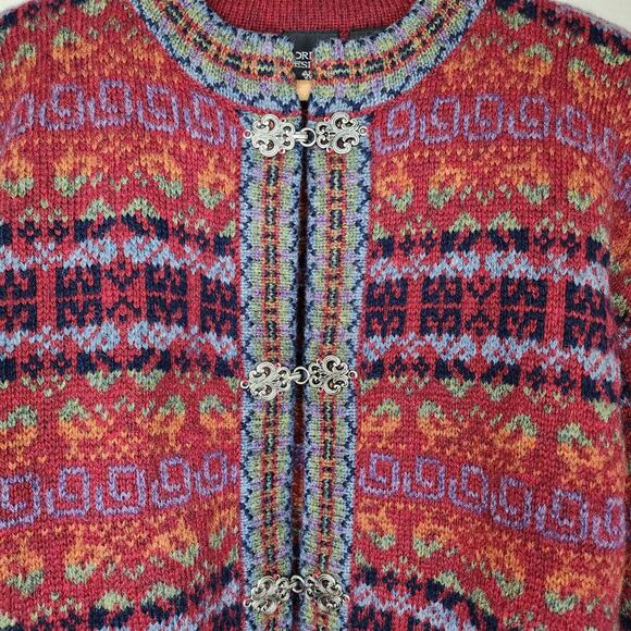 Nordic Design Wool Sweater Icelandic Style Metal Clasp Cardigan Red Blue - Picture 2 of 6